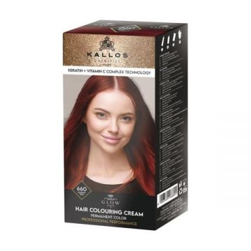 Vopsea Permanenta - Kallos Glow Long Lasting Cream Hair Colour, nuanta 660 Roscat Inchis, 1 buc