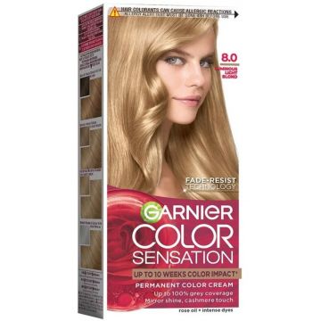 Vopsea de Par Permanenta cu Amoniac Garnier Color Sensation 8.0 Blond Deschis Luminos, 110 ml