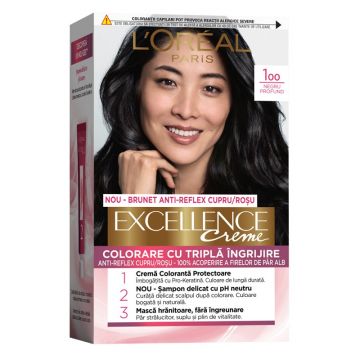 Vopsea de Par Permanenta cu Amoniac L'Oreal Paris Excellence Creme 1 Negru, 192 ml