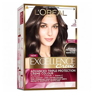 Vopsea de Par Permanenta cu Amoniac L'Oreal Paris Excellence Creme 3 Saten Inchis, 192 ml