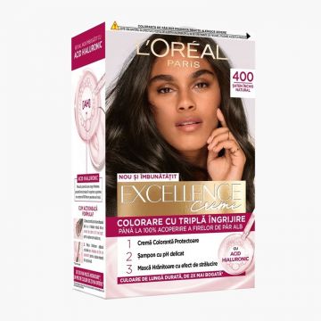 Vopsea de Par Permanenta cu Amoniac L'Oreal Paris Excellence Creme 400 Saten Inchis Natural, 192 ml