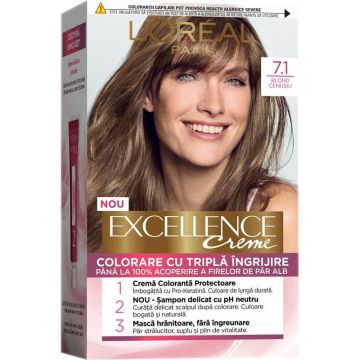 Vopsea de Par Permanenta cu Amoniac L'Oreal Paris Excellence Creme 7.1 Blond Cenusiu, 192 ml