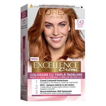 Vopsea de Par Permanenta cu Amoniac L'Oreal Paris Excellence Creme 7.43 Blond Aramiu, 192 ml