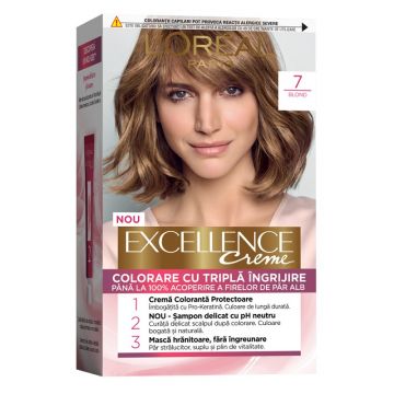 Vopsea de Par Permanenta cu Amoniac L'Oreal Paris Excellence Creme 7 Blond, 192 ml