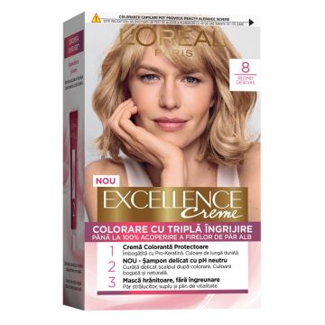 Vopsea de Par Permanenta cu Amoniac L'Oreal Paris Excellence Creme 8 Blond Deschis, 192 ml