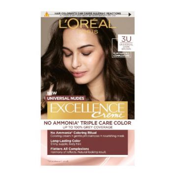 Vopsea de Par Permanenta fara Amoniac L'Oreal Paris Excellence Universal Nudes, 3U Universal Dark Brown, 192 ml