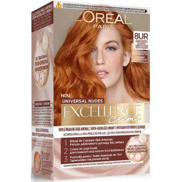 Vopsea de Par Permanenta fara Amoniac L'Oreal Paris Excellence Universal Nudes Reds, 8UR Cupru Deschis Universal, 192 ml