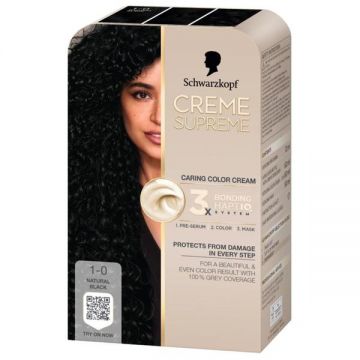 Vopsea Permanenta - Crema Coloranta de Ingrijire - Schwarzkopf Creme Supreme 3x Bonding HaptIQ System, nuanta 1-0 Negru Natural, 1 pachet