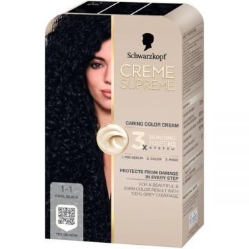 Vopsea Permanenta - Crema Coloranta de Ingrijire - Schwarzkopf Creme Supreme 3x Bonding HaptIQ System, nuanta 1-1 Negru Rece, 1 pachet