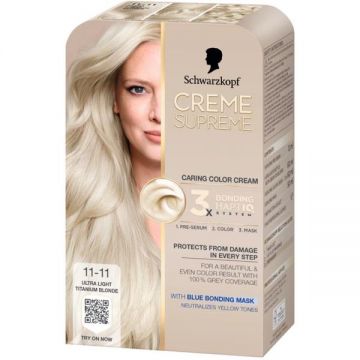 Vopsea Permanenta - Crema Coloranta de Ingrijire - Schwarzkopf Creme Supreme 3x Bonding HaptIQ System, nuanta 11-11 Blond Titanium Ultra Deschis, 1 pachet
