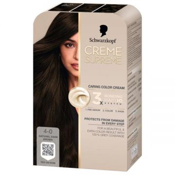 Vopsea Permanenta - Crema Coloranta de Ingrijire - Schwarzkopf Creme Supreme 3x Bonding HaptIQ System, nuanta 4-0 Saten Natural, 1 pachet