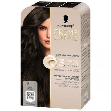 Vopsea Permanenta - Crema Coloranta de Ingrijire - Schwarzkopf Creme Supreme 3x Bonding HaptIQ System, nuanta 5-1 Saten Rece, 1 pachet