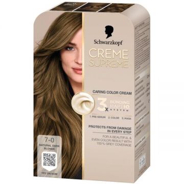 Vopsea Permanenta - Crema Coloranta de Ingrijire - Schwarzkopf Creme Supreme 3x Bonding HaptIQ System, nuanta 7-0 Blond Inchis Natural, 1 pachet