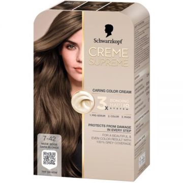Vopsea Permanenta - Crema Coloranta de Ingrijire - Schwarzkopf Creme Supreme 3x Bonding HaptIQ System, nuanta 7-42 Blond Inchis Bej Nude, 1 pachet