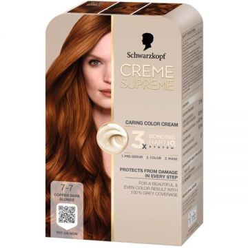 Vopsea Permanenta - Crema Coloranta de Ingrijire - Schwarzkopf Creme Supreme 3x Bonding HaptIQ System, nuanta 7-7 Blond Inchis Cupru, 1 pachet