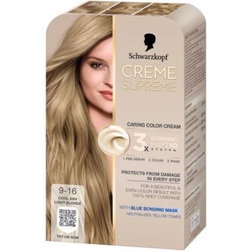 Vopsea Permanenta - Crema Coloranta de Ingrijire - Schwarzkopf Creme Supreme 3x Bonding HaptIQ System, nuanta 9-16 Blond Deschis Cenusiu Rece, 1 pachet