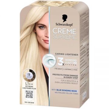 Vopsea Permanenta cu Decolorant - Schwarzkopf Creme Supreme Caring Lightener 3x Bonding HaptIQ System, nuanta L1++ Extreme Lightener Plus, 1 pachet