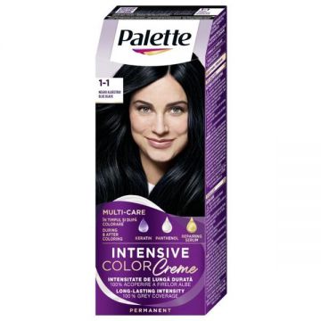 Vopsea de Par Permanenta - Schwarzkopf Palette Intensive Color Creme Long-Lasting Intensity Permanent, nuanta 1-1 (C1) Negru Albastrui