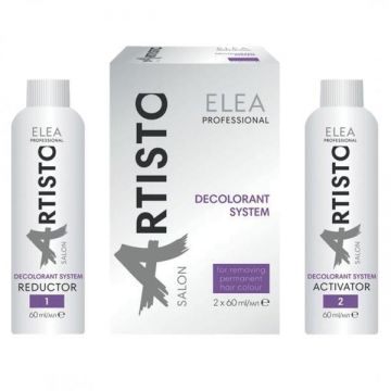 Solutie decapaj pentru indepartarea vopselei rezistente de pe par Decolorant System Color Off Elea Professional Artisto (reductor si activator), 120 ml Solutie decapaj pentru indepartarea vopselei rezistente de pe par Decolorant System Color Off Elea Professional Artisto (reductor si activator), 120 ml